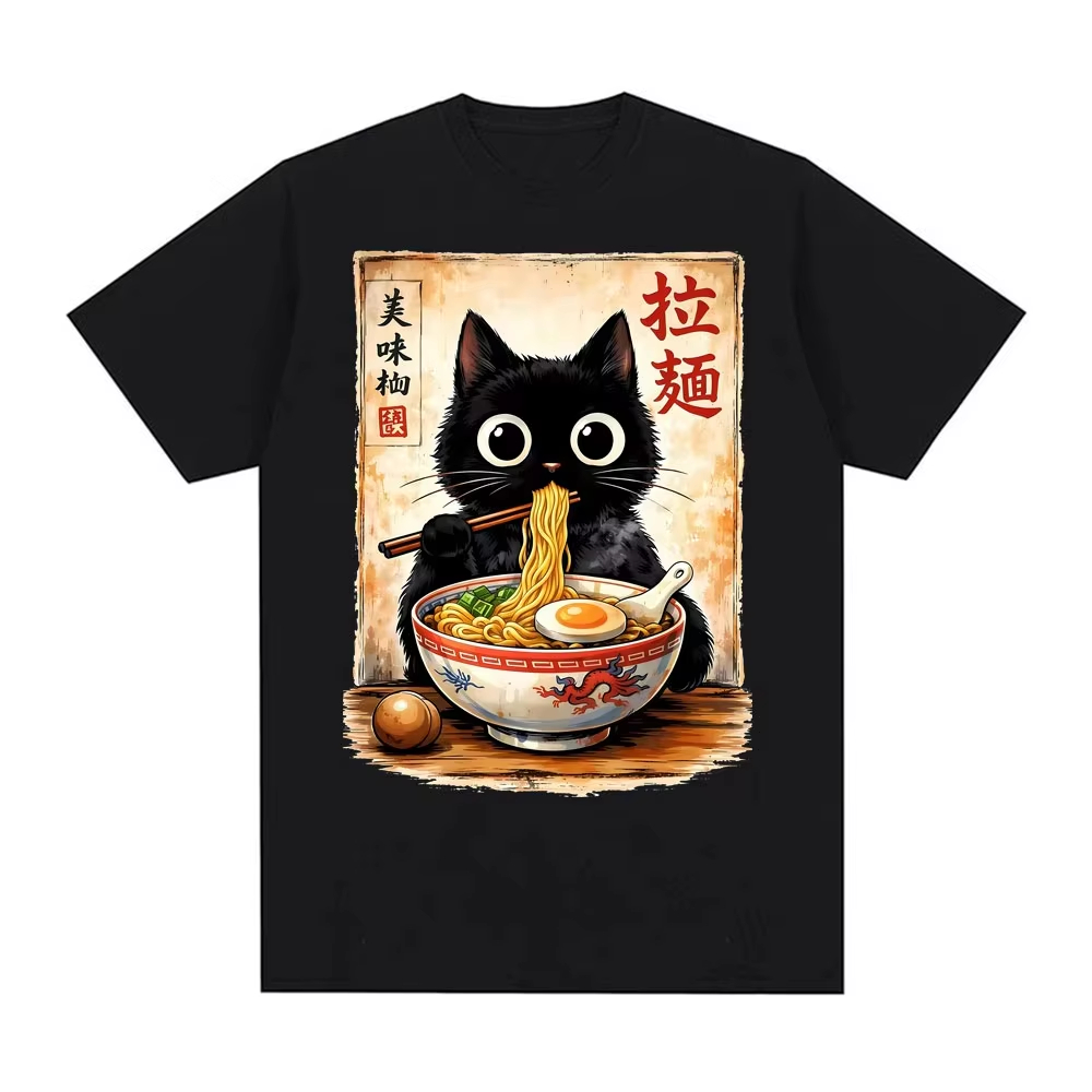 Summer Clothing Essentials Men - T-shirt Kawaii Ramen Cat Rétro Japonais